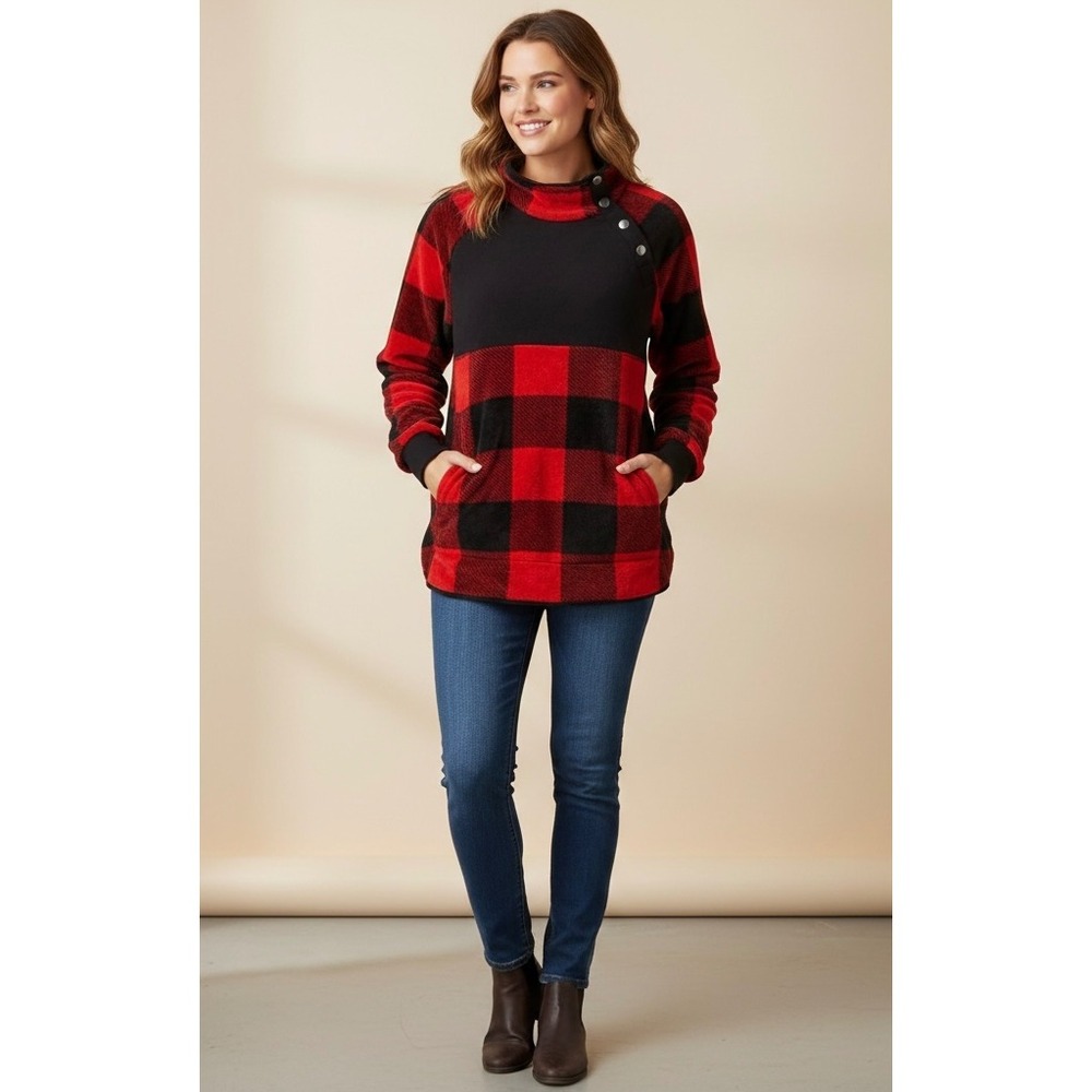 White Birch Women's Sherpa Pullover Sweater Size M Buffalo Plaid‎ Long Sleeve